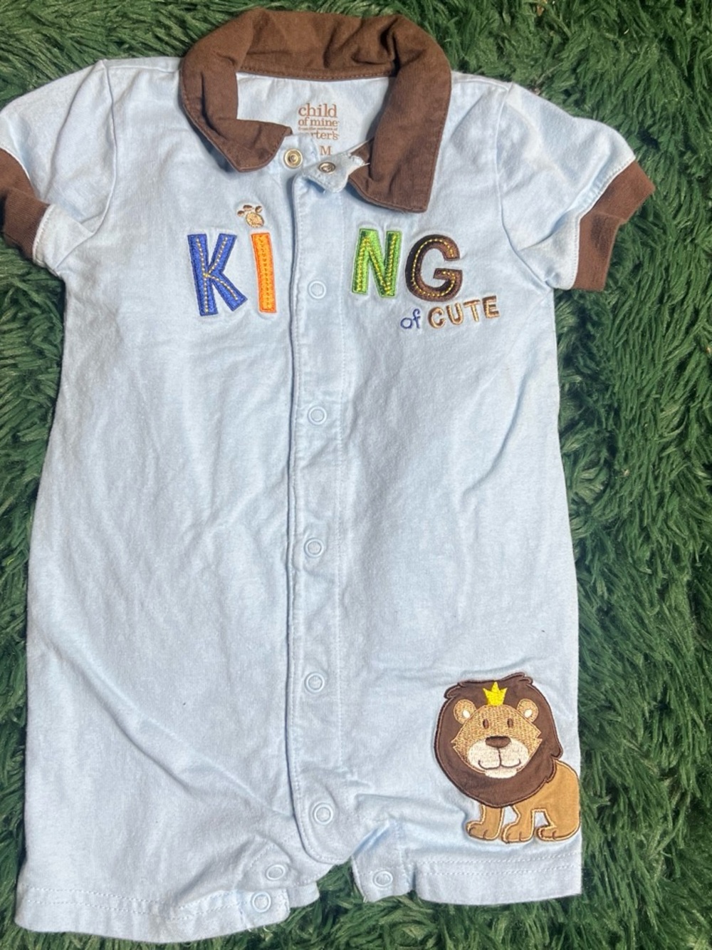 Carter's Light Blue Short-Sleeve Lion Romper with Brown Trim